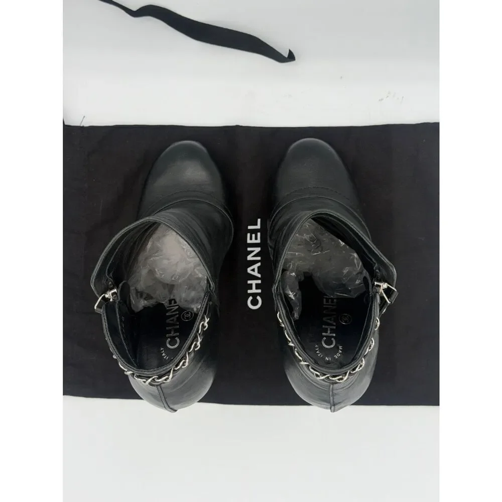 Chanel Black Leather Chain Details Ankle Booties US 8